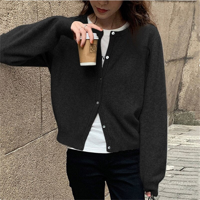 Round Neck Short Knit Cardigan Loose Sweater Cardigan Coat Woman