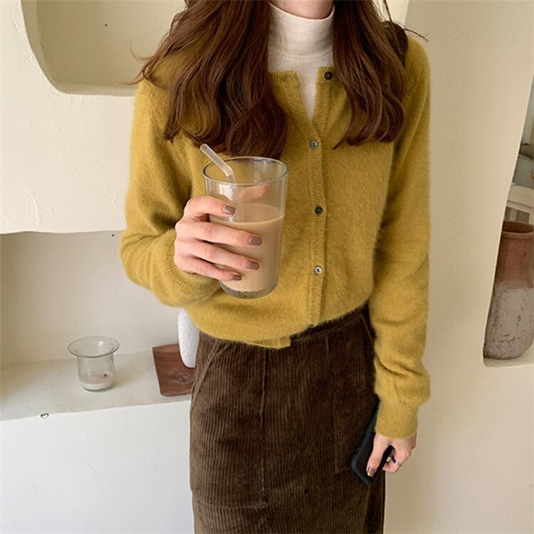 Round Neck Short Knit Cardigan Loose Sweater Cardigan Coat Woman