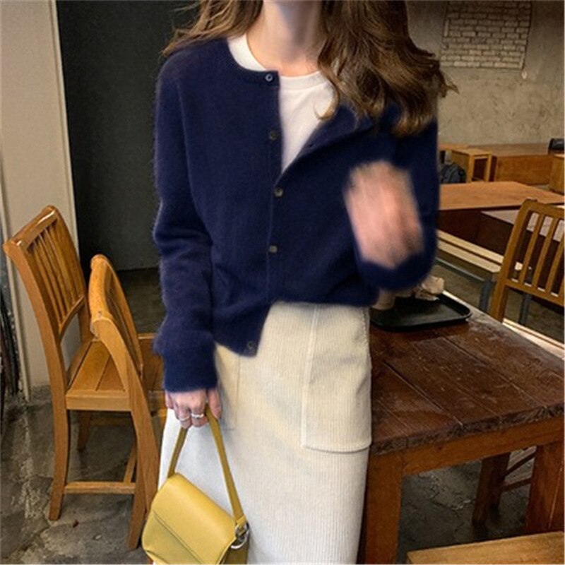 Round Neck Short Knit Cardigan Loose Sweater Cardigan Coat Woman