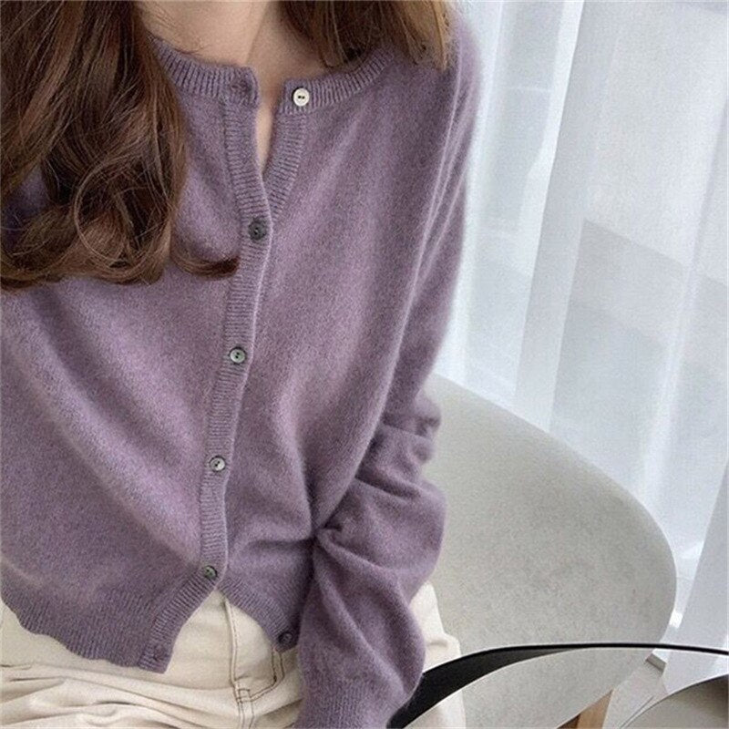 Round Neck Short Knit Cardigan Loose Sweater Cardigan Coat Woman