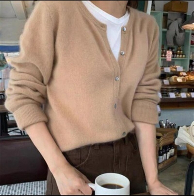 Round Neck Short Knit Cardigan Loose Sweater Cardigan Coat Woman