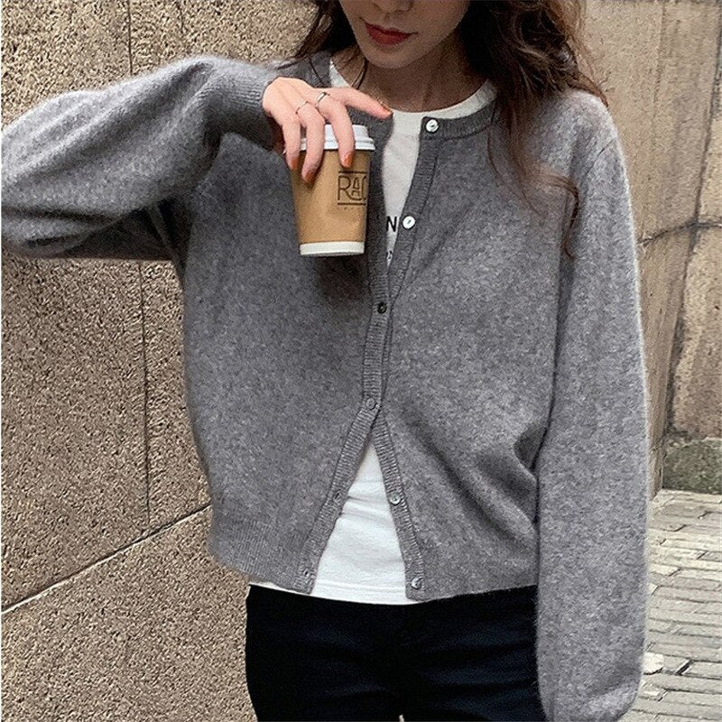 Round Neck Short Knit Cardigan Loose Sweater Cardigan Coat Woman