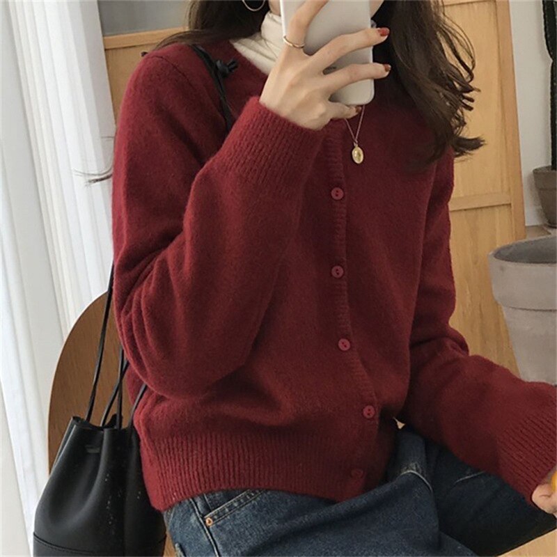 Round Neck Short Knit Cardigan Loose Sweater Cardigan Coat Woman