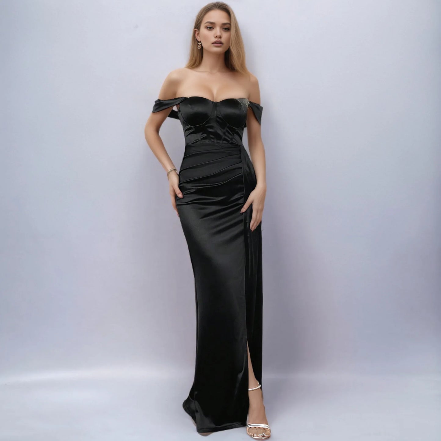 Solid Color Off-shoulder Ruched Sweetheart Mermaid Formal Evening Dress