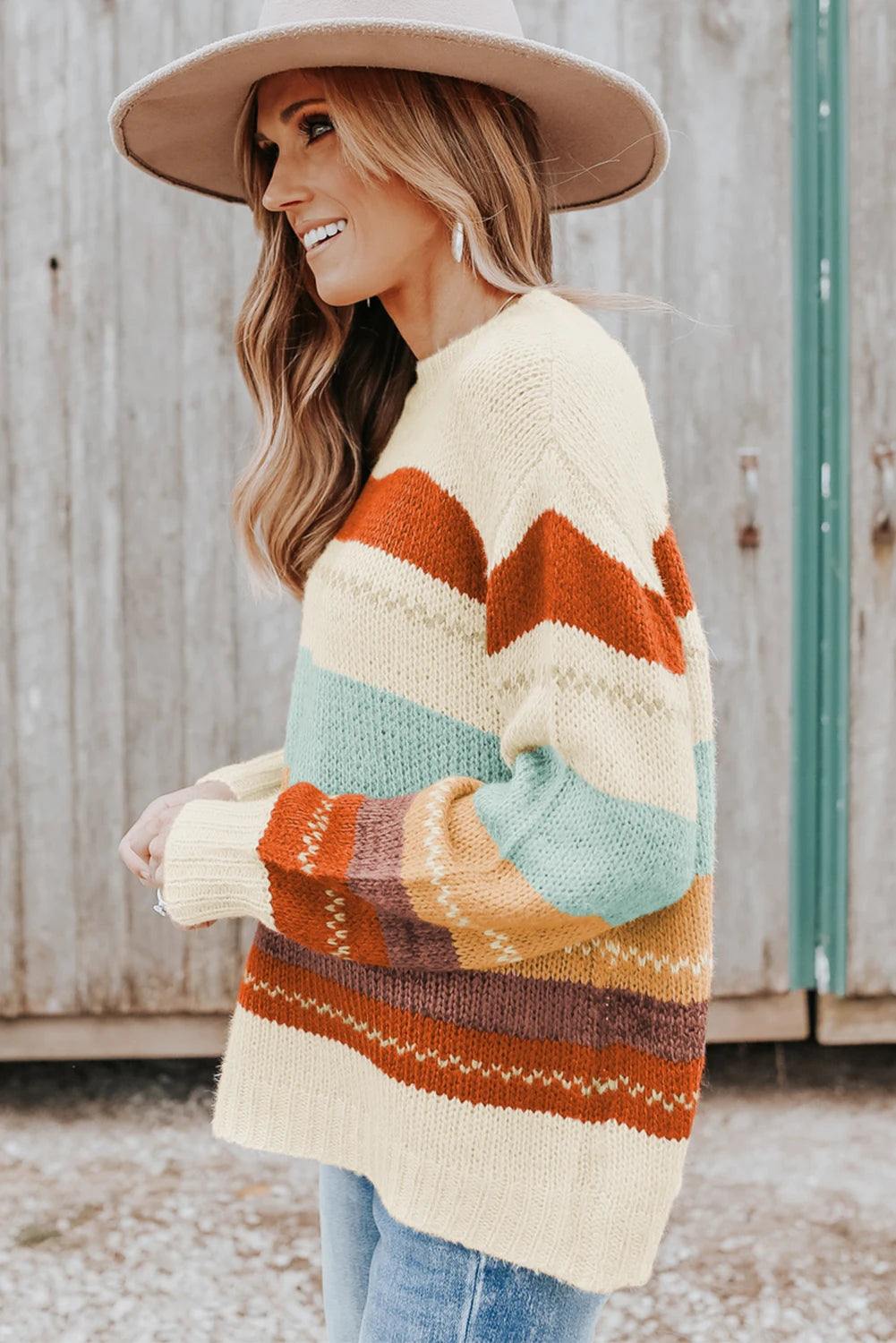 Crew Neck Drop-shoulder Striped Color Block Sweater