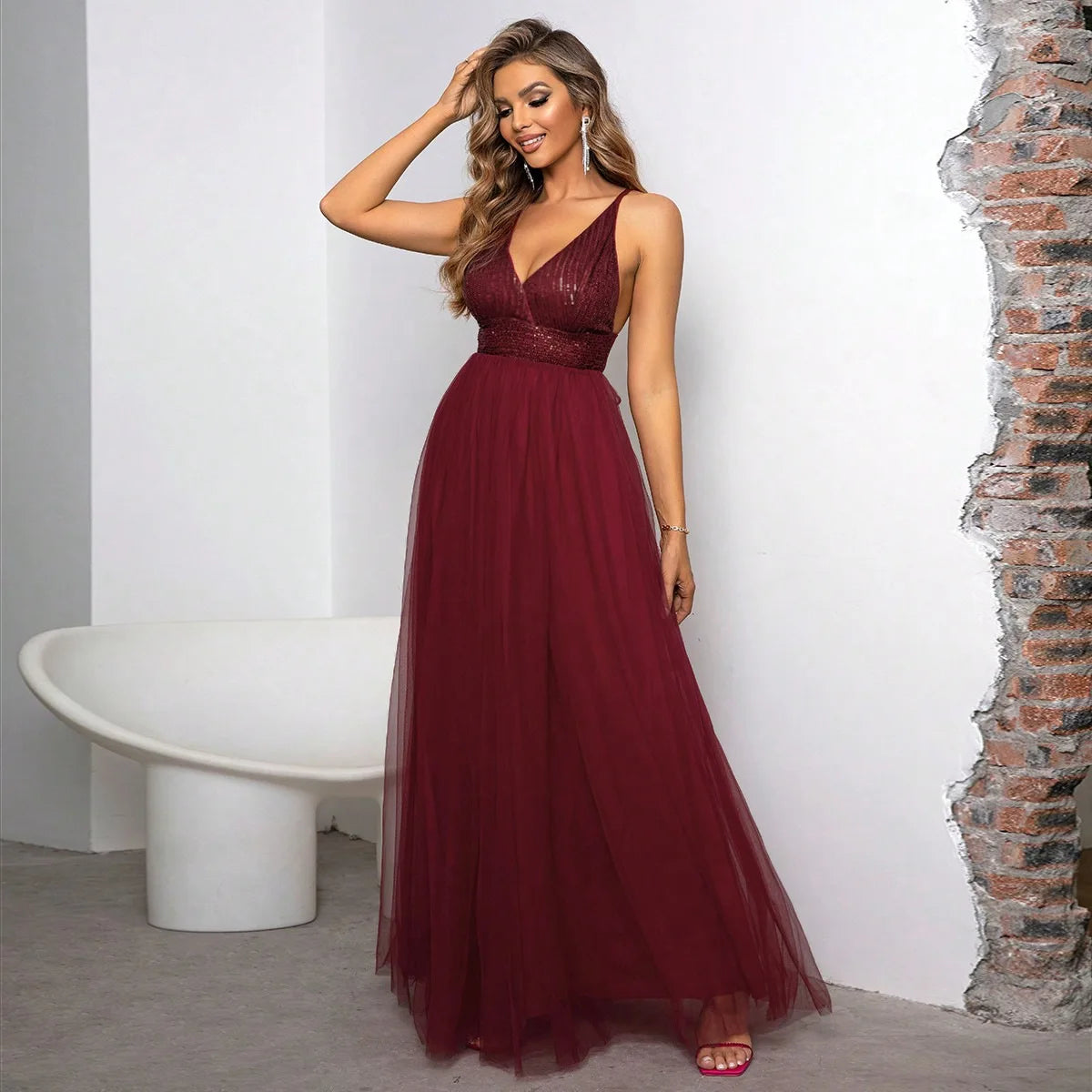 Sexy Backless Halter Deep V-neck Sequined Evening Dress