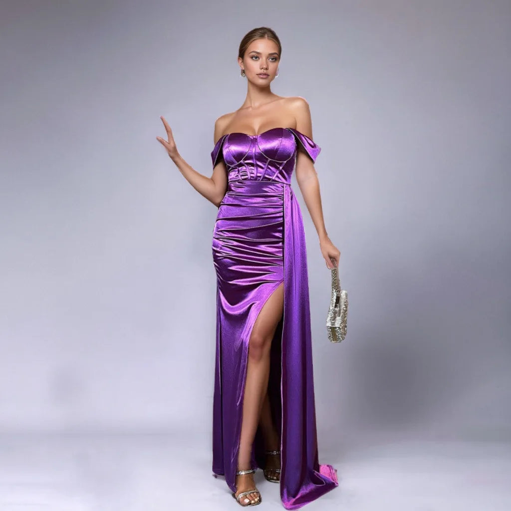 Solid Color Off-shoulder Ruched Sweetheart Mermaid Formal Evening Dress