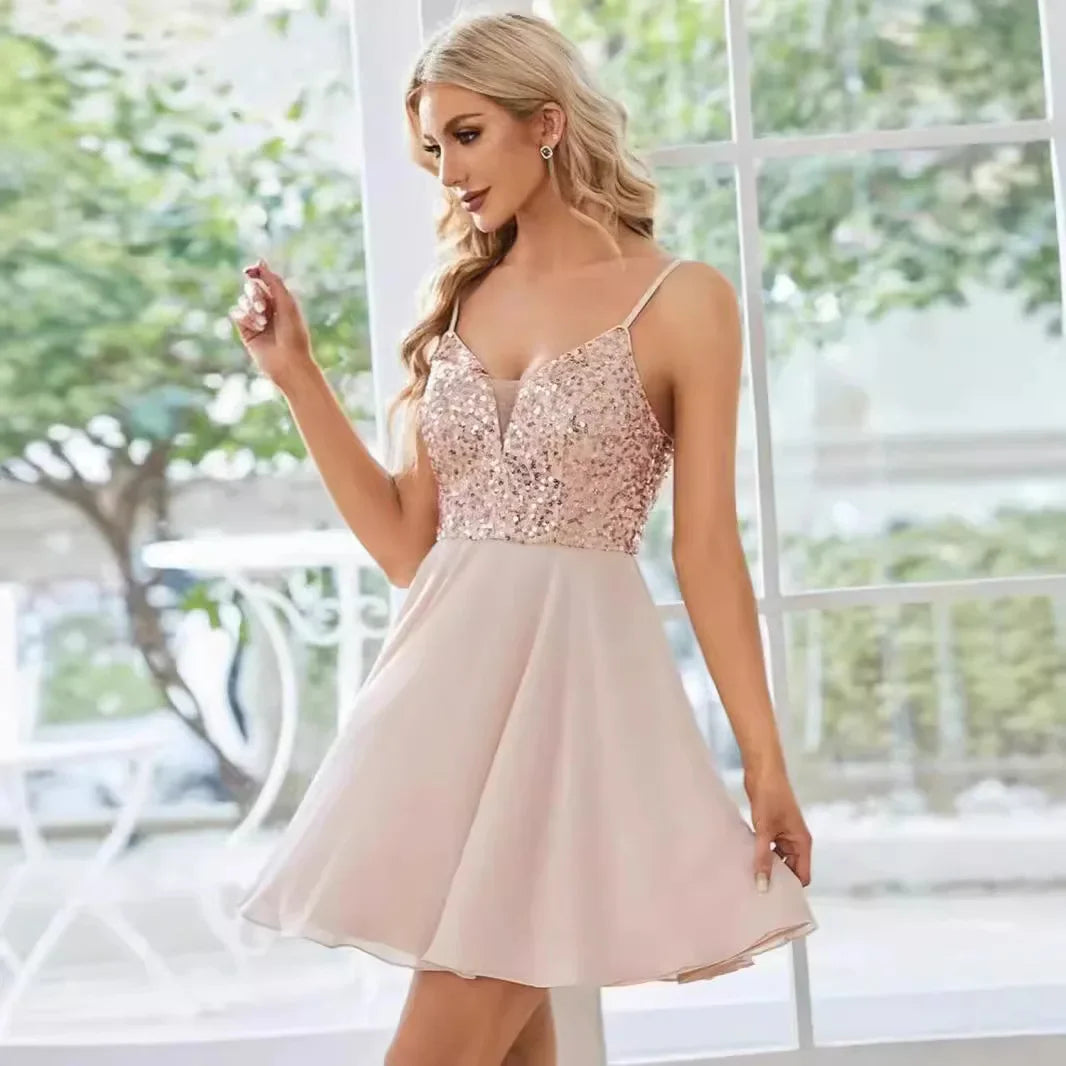 Spaghetti Straps V-neck Sequined Short Prom Homecoming Dress