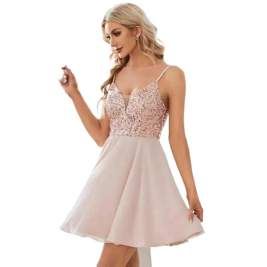 Spaghetti Straps V-neck Sequined Short Prom Homecoming Dress