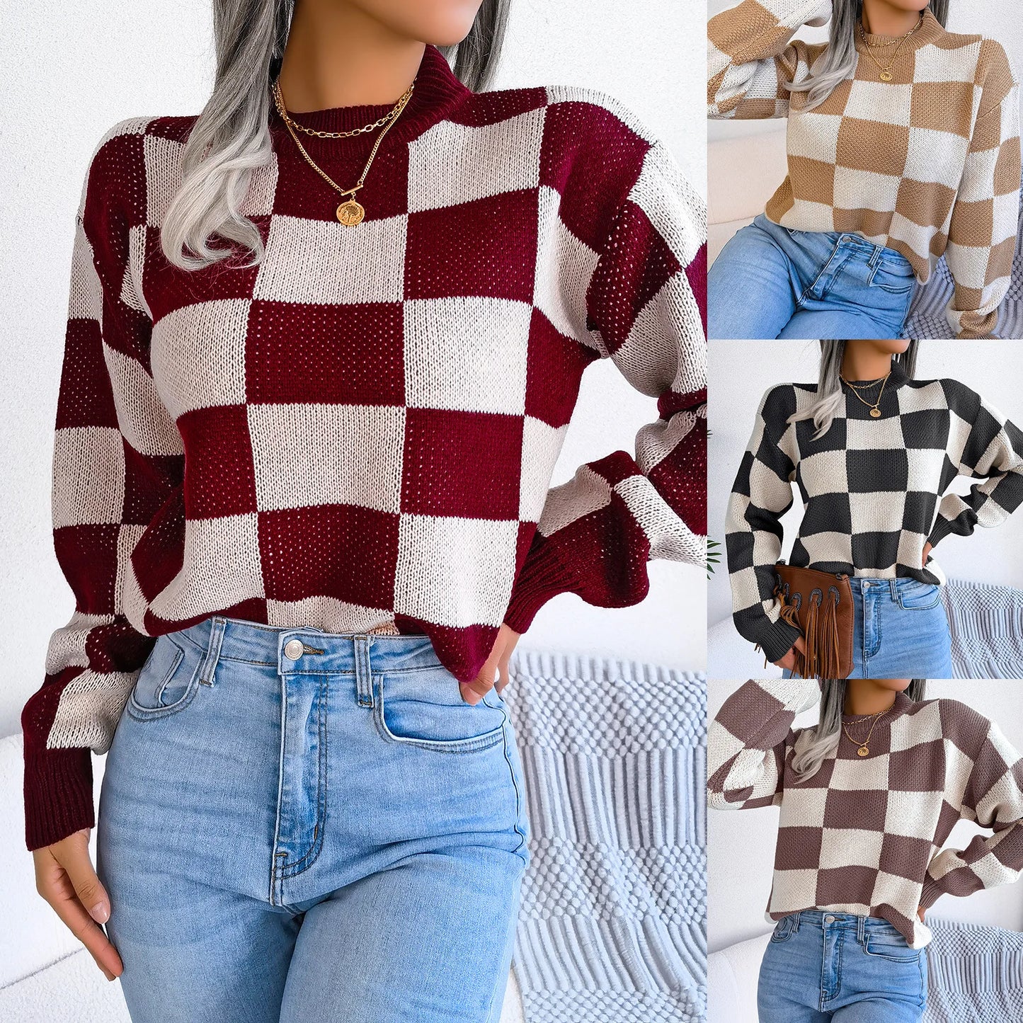 Autumn and Winter Contrasting Color Plaid Long-sleeved Pullover Knitted Sweater