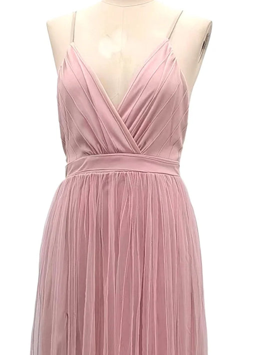 Deep V-neck Mesh Spaghetti Straps Backless Pink Evening Dress