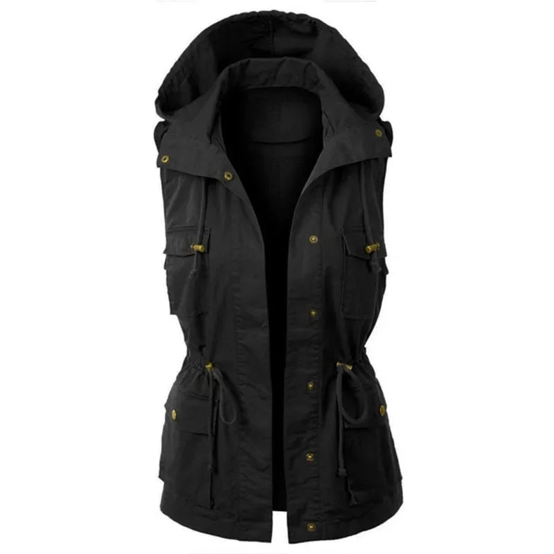 Winter Solid Color Drawstring Dplicing Vest Hooded Jacket