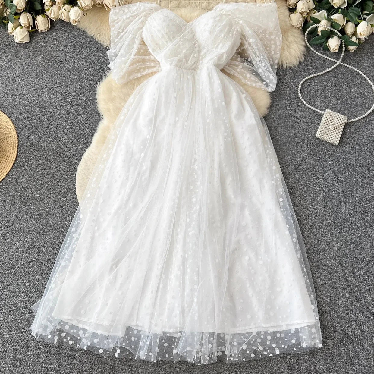 White Mesh Layers Sweetheart Off-shoulder Princess Dress