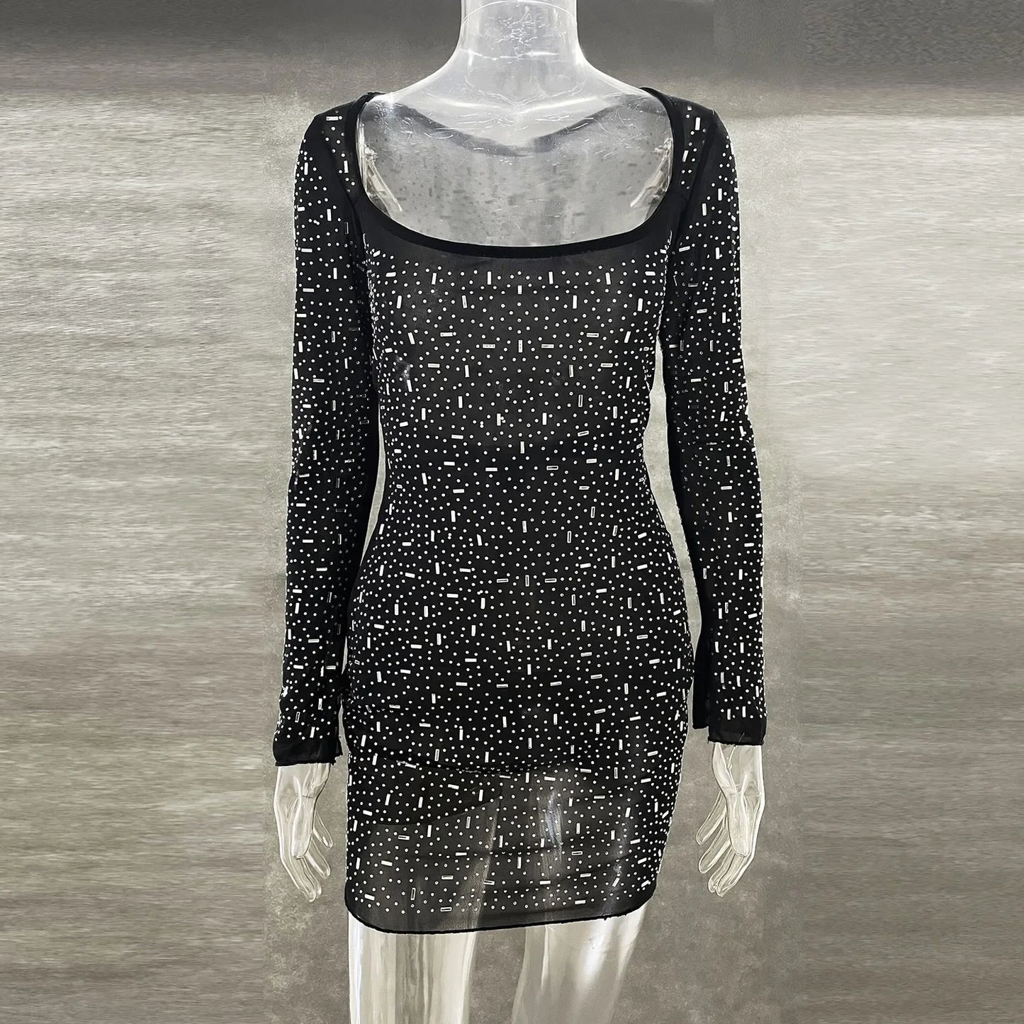 Sequins Diamonds Sexy Semi-perspective Long-sleeved Short Dress