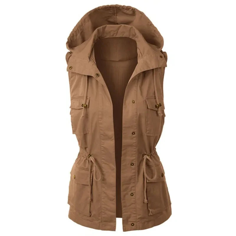 Winter Solid Color Drawstring Dplicing Vest Hooded Jacket