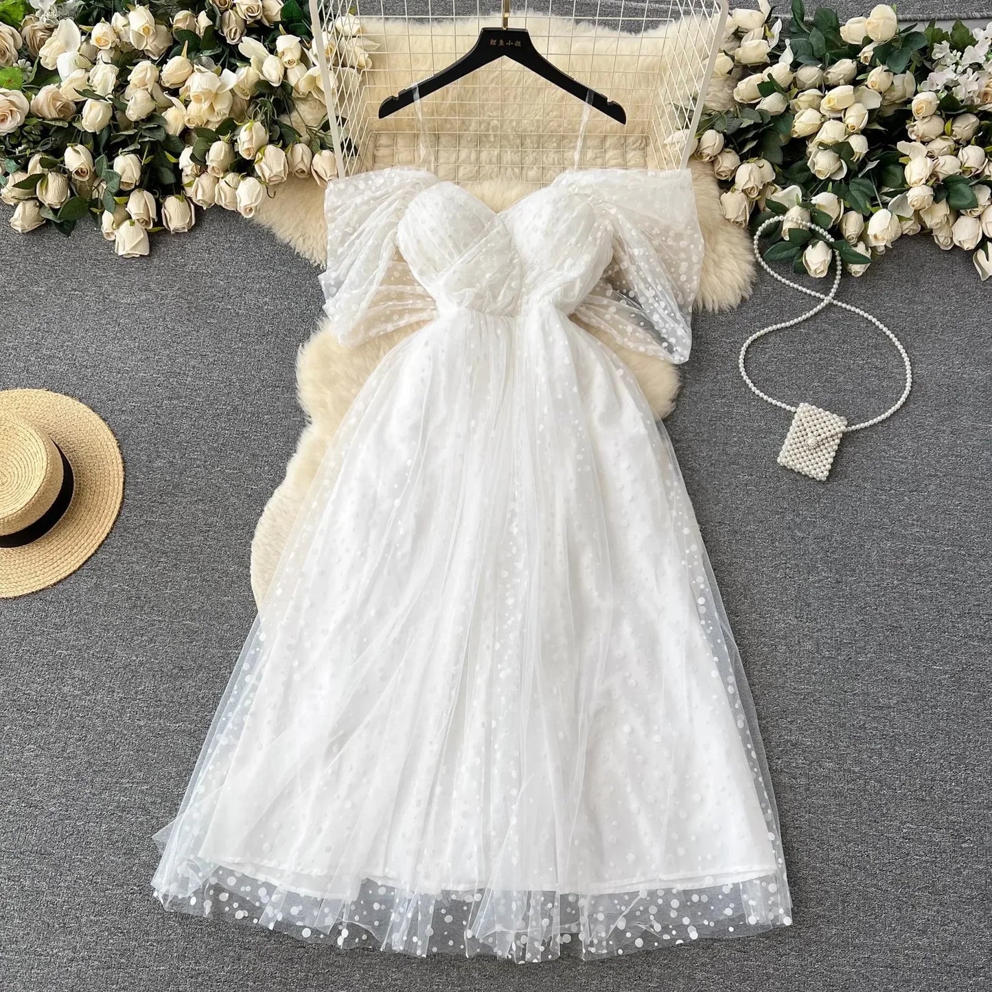 White Mesh Layers Sweetheart Off-shoulder Princess Dress