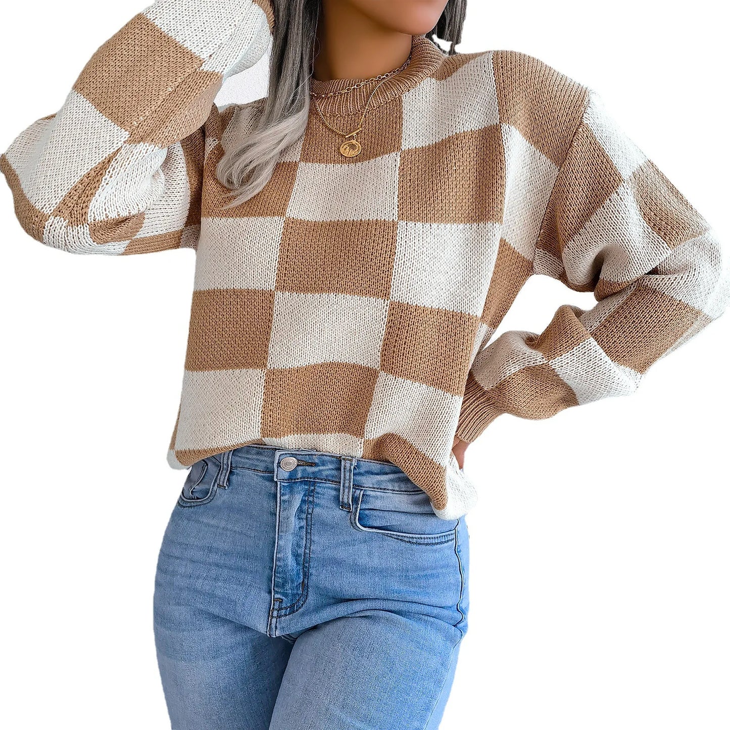 Autumn and Winter Contrasting Color Plaid Long-sleeved Pullover Knitted Sweater