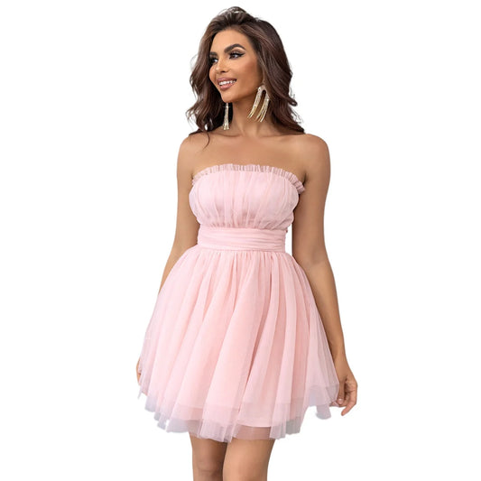 Mesh Strapless Short Prom Homecoming Party Dress