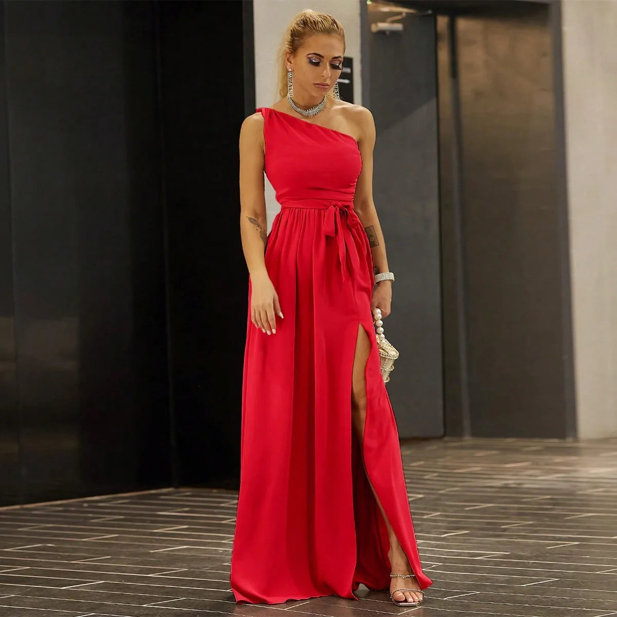 Solid Color One Shoulder Lace Up Long Formal Evening Dress