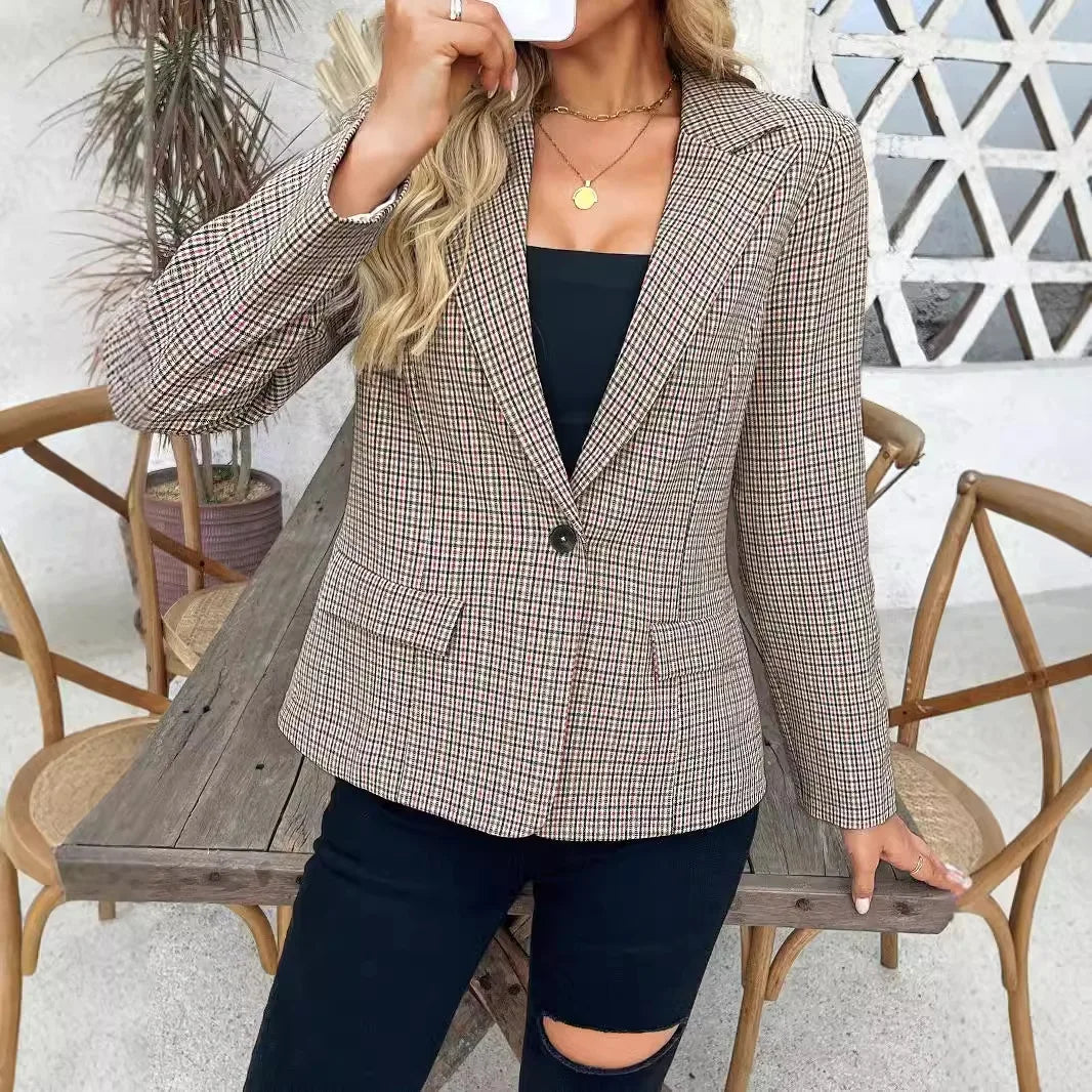 New Plaid Short Slim One Button Long-sleeved Blazer