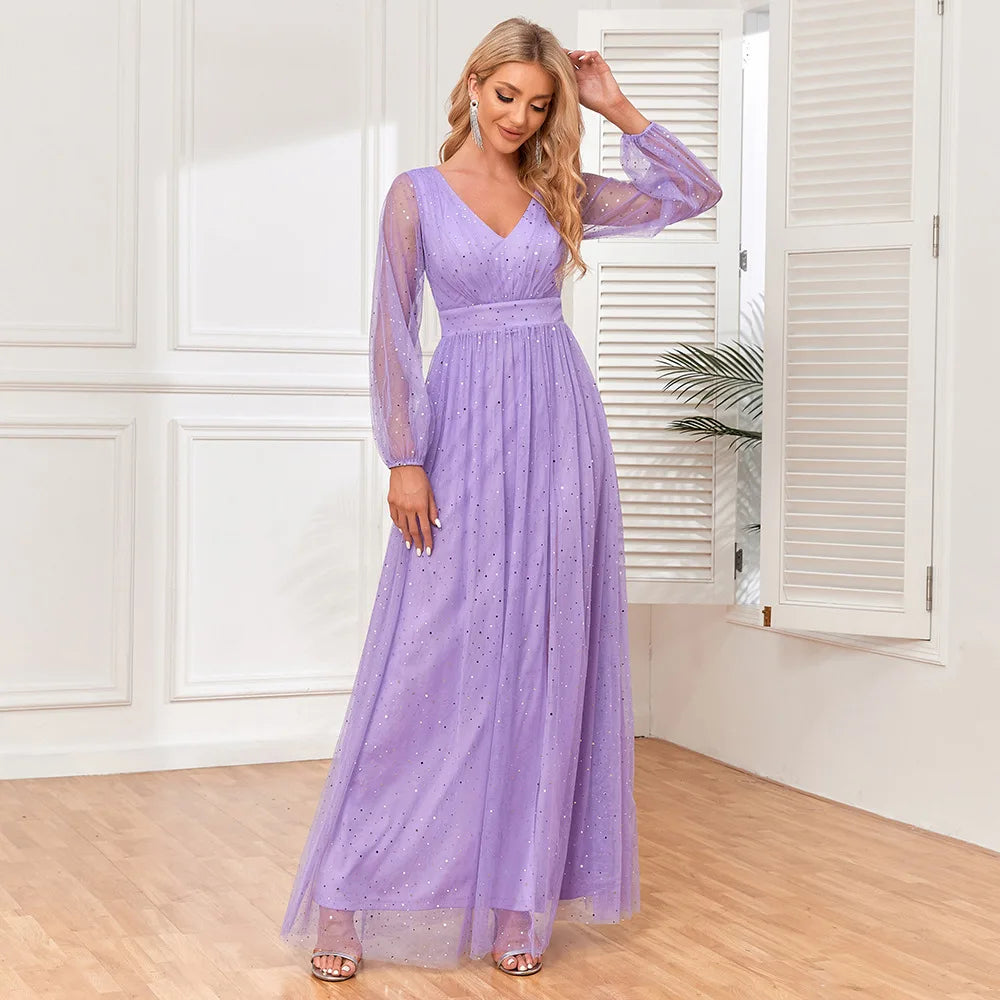 Long Sleeves V-neck Purple Formal Evening Wedding Guest Mother of Bride Party Dress