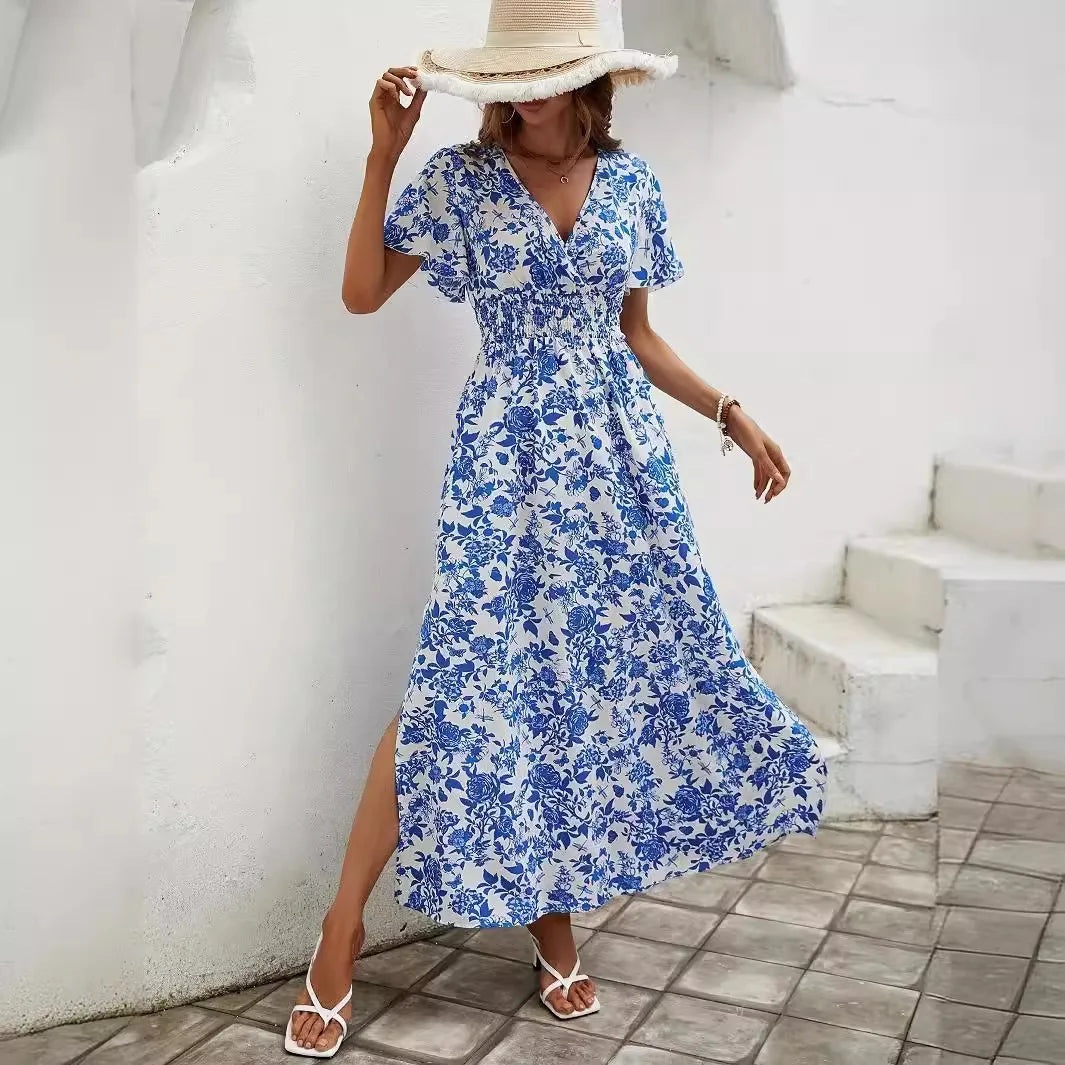 Blue White Print Floral Slim Deep V-neck Split Long Dress