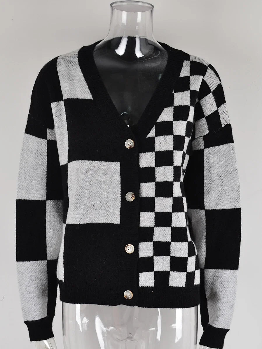 Women's knitted sweater Plaid Splicing Large Size Sweater Jacket