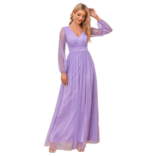 Long Sleeves V-neck Purple Formal Evening Wedding Guest Mother of Bride Party Dress