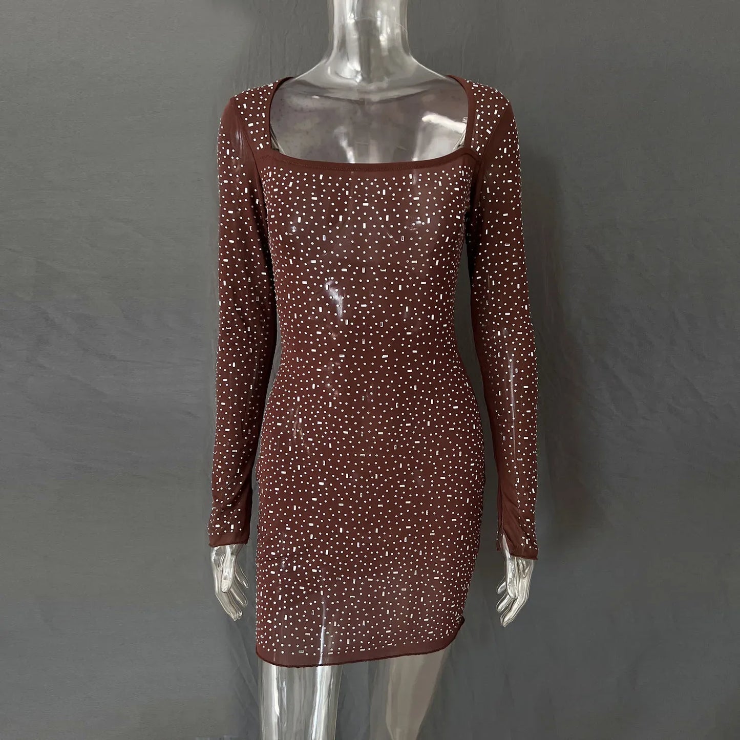 Sequins Diamonds Sexy Semi-perspective Long-sleeved Short Dress