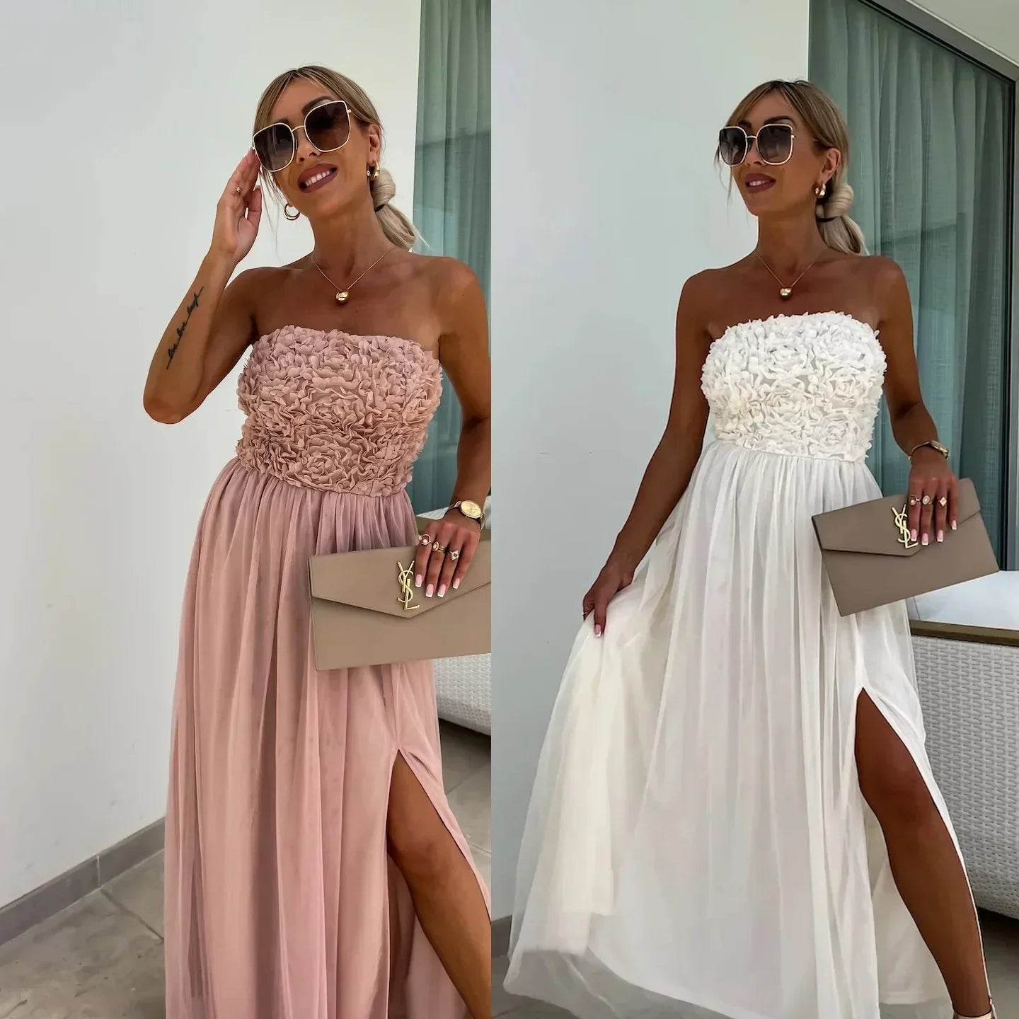 New Solid Color Casual Fashion Split Party Loose Vacation Strapless Dress