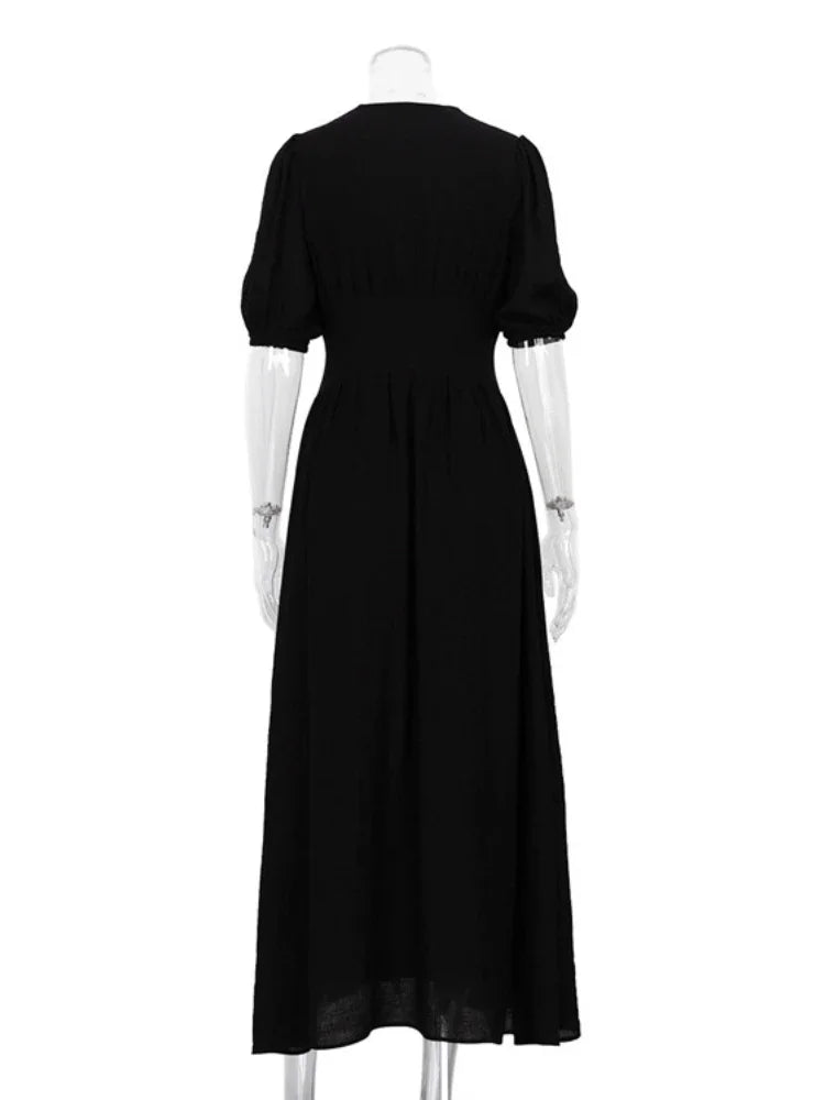 Bubble Half Sleeves Solid Color Deep V-neck Buttons High Split Long Dress