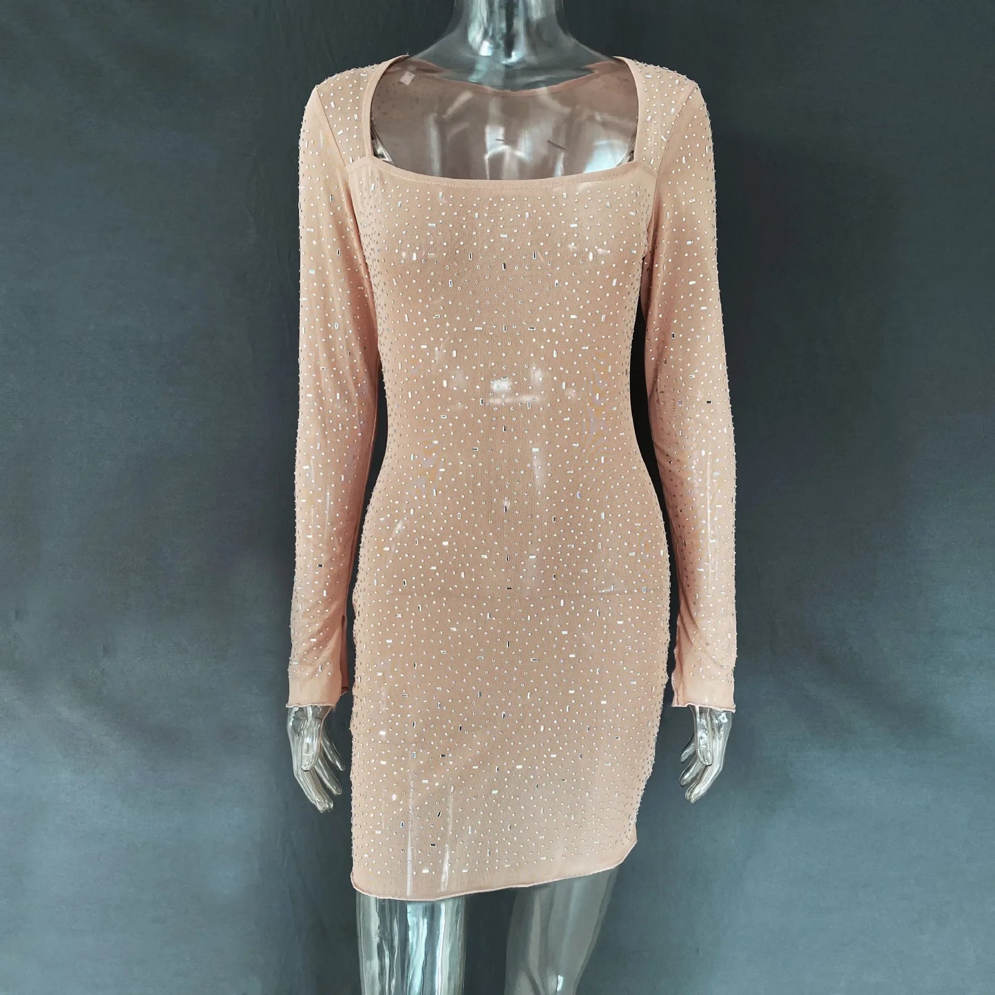 Sequins Diamonds Sexy Semi-perspective Long-sleeved Short Dress