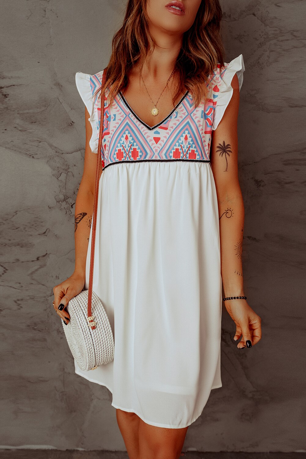 Summer Beach Floral Sleeveless V Neck Mini White Dress