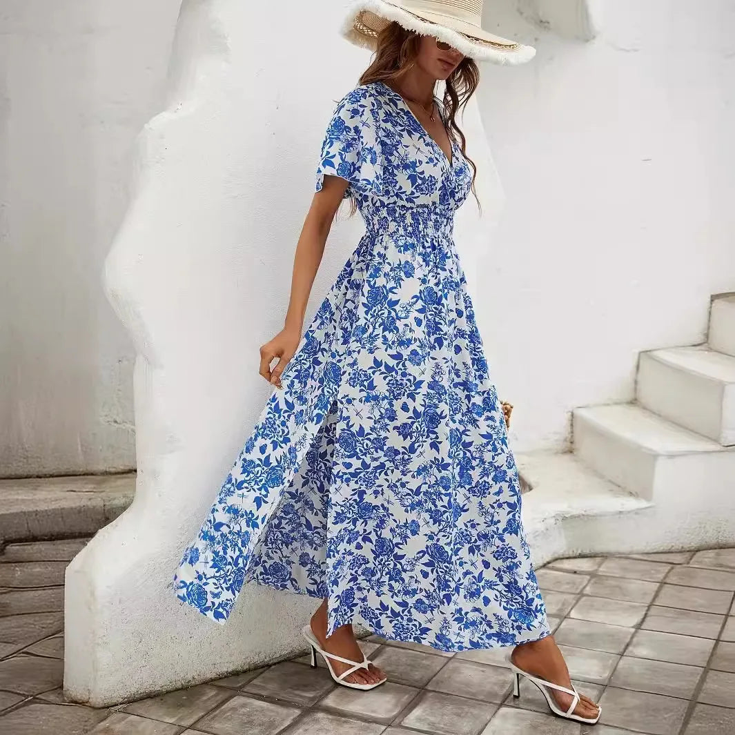 Blue White Print Floral Slim Deep V-neck Split Long Dress