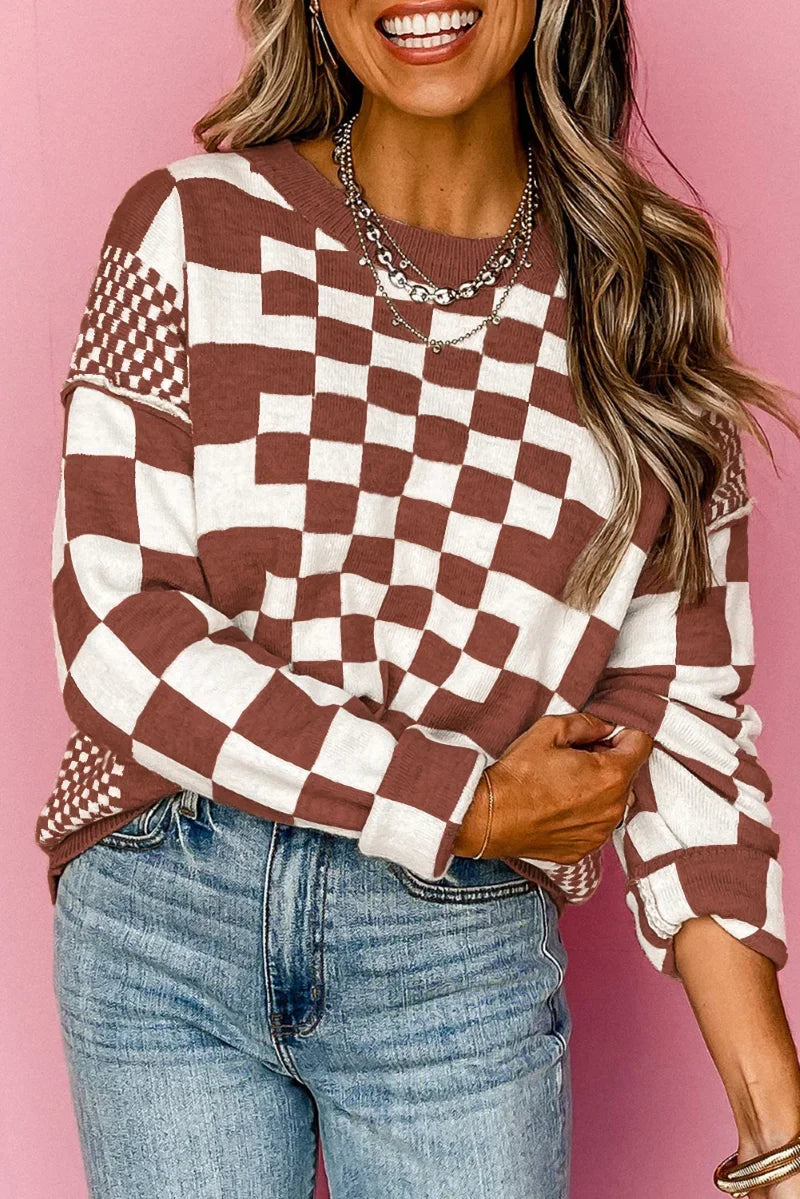 Casual Loose and Versatile New Plaid Crew Neck Sweater Women