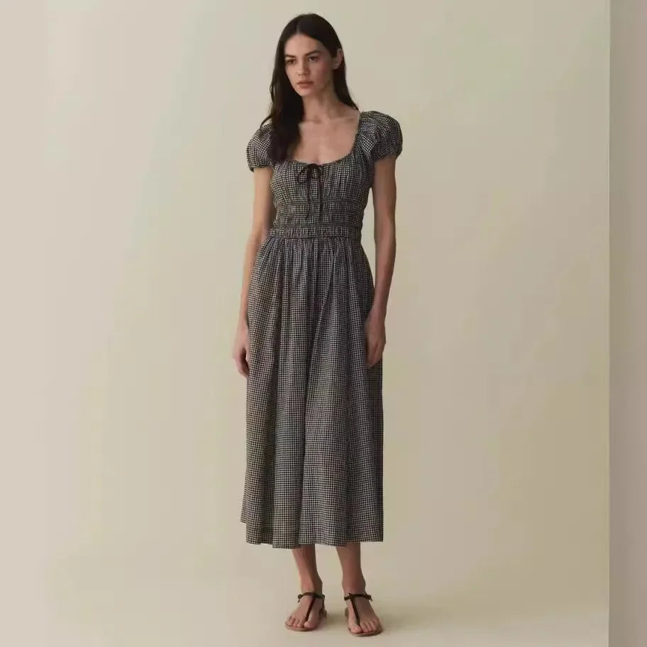 New Casual Solid Bubble Sleeves Color Square Neck Lace-up Pure Cotton Maxi Dress