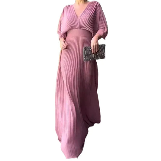 Solid Color V-neck Bat Sleeve Long Pleated Dress