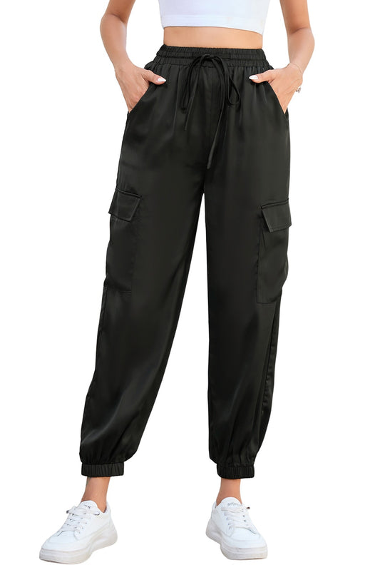 Satin Pocketed Drawstring Elastic Waist Pants