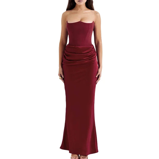 Satin Tube Top Pleated Solid Color Strapless Formal Evening Dress