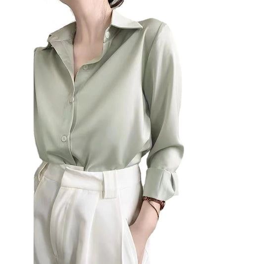 Satin Women's Long Sleeved Loose Casual Shirt for Professional Wear