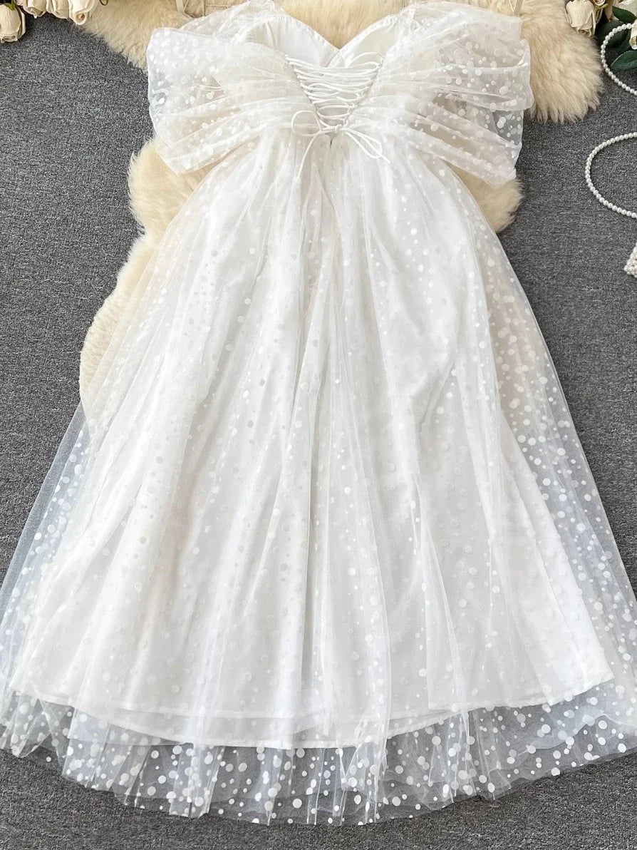 White Mesh Layers Sweetheart Off-shoulder Princess Dress