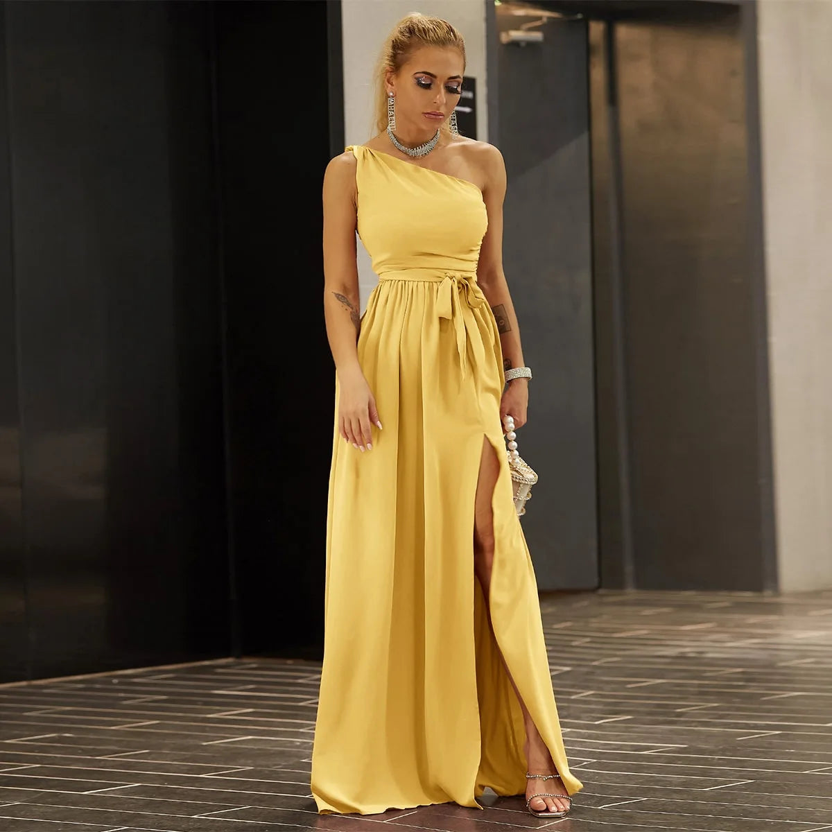 Solid Color One Shoulder Lace Up Long Formal Evening Dress