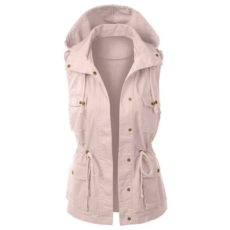 Winter Solid Color Drawstring Dplicing Vest Hooded Jacket