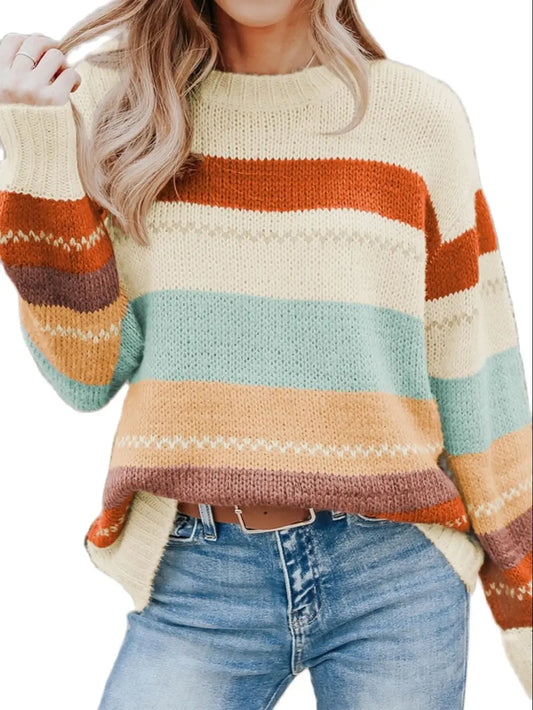 Crew Neck Drop-shoulder Striped Color Block Sweater