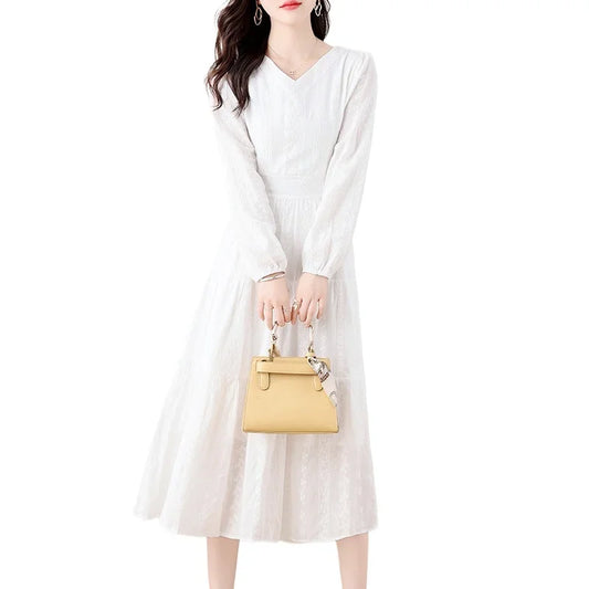 Long Sleeves White Lace Embroidery V-neck Elegnat Dress