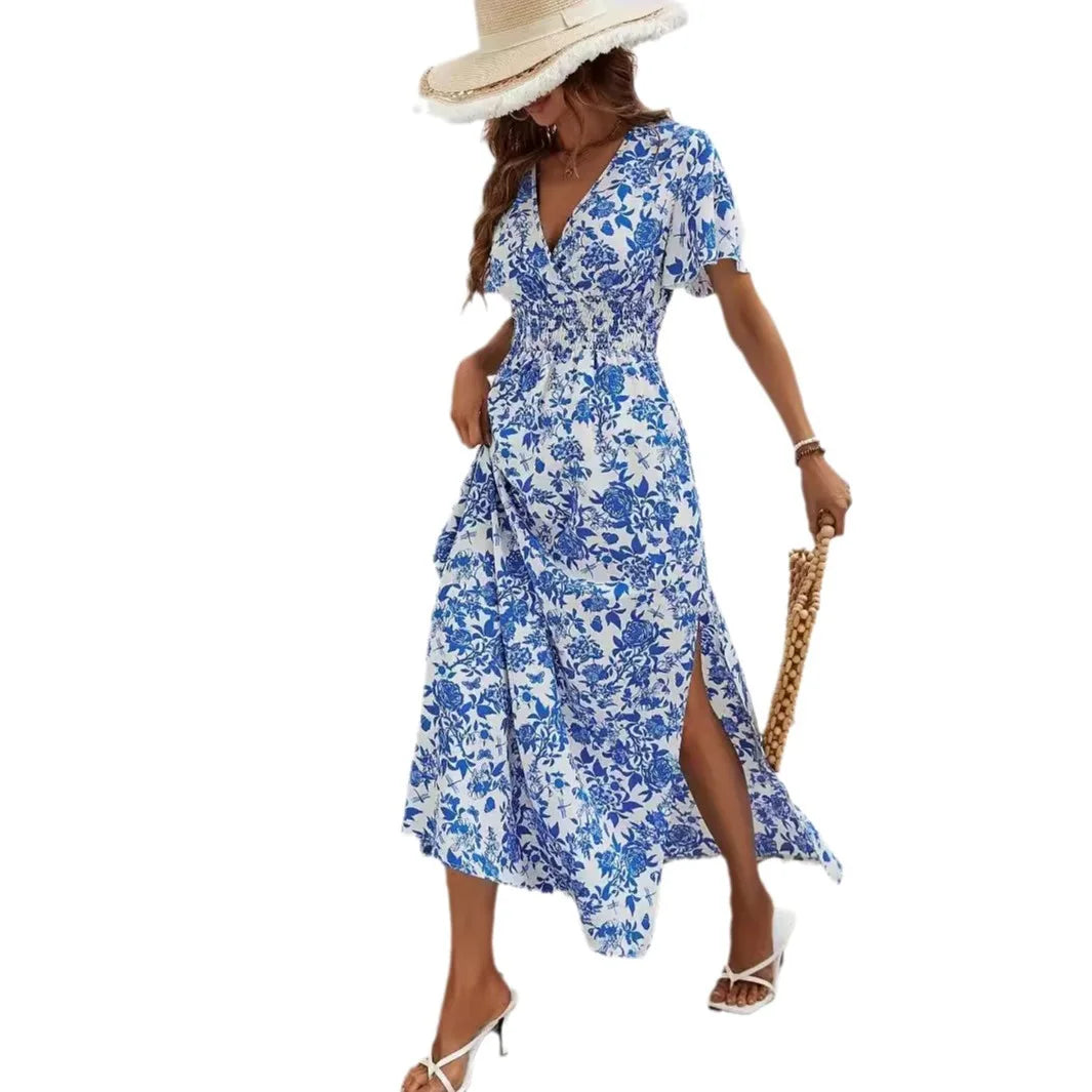 Blue White Print Floral Slim Deep V-neck Split Long Dress