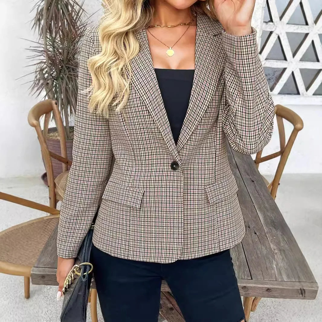 New Plaid Short Slim One Button Long-sleeved Blazer