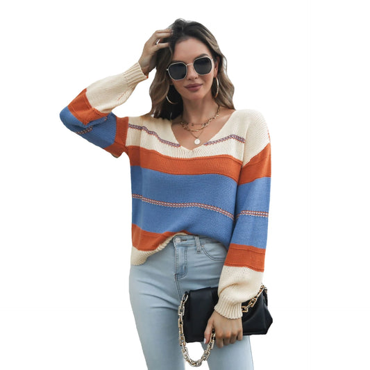 Women's Loose Autumn and Winter Striped Contrasting Color V-neck Long-sleeved Knitted Sweater