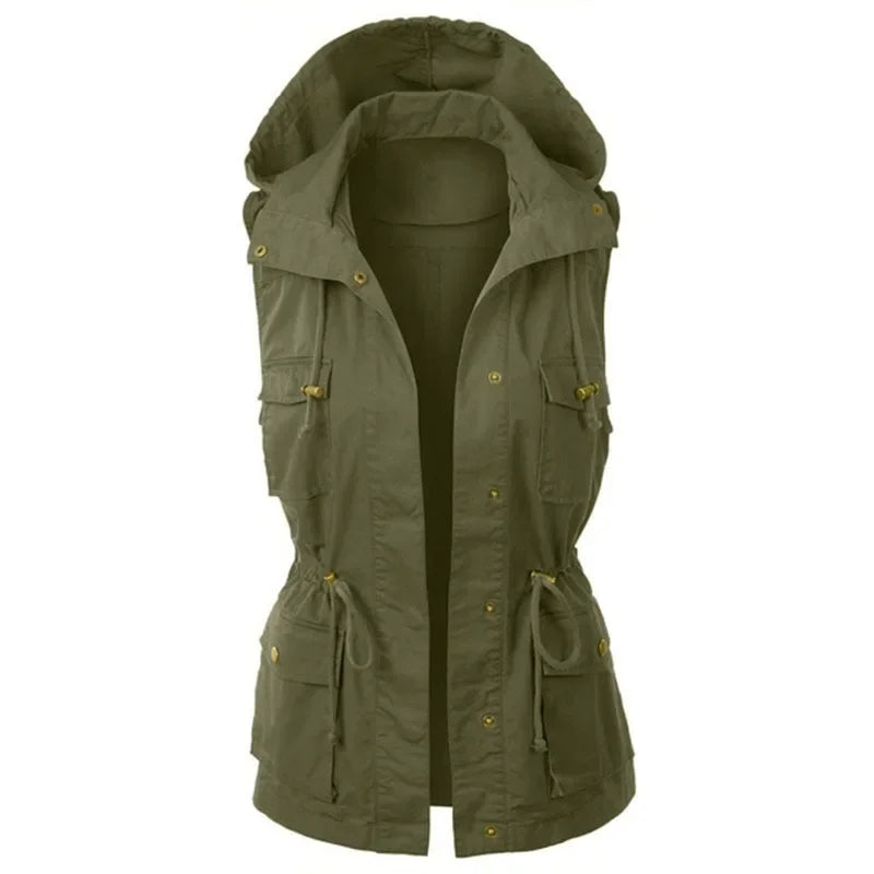 Winter Solid Color Drawstring Dplicing Vest Hooded Jacket