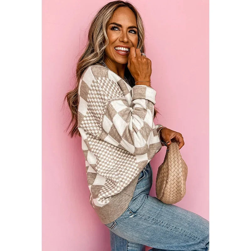 Casual Loose and Versatile New Plaid Crew Neck Sweater Women